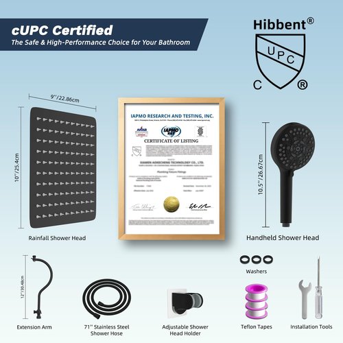 Hibbent All Metal High Pressure Rainfall 10'' Shower Head, CUPC Certified Handheld Showerhead Combo, 12'' Adjustable Shower Extension Arm, 10-Spray, 71'' Hose, Adhesive Showerhead Holder, Matte Black