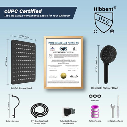 Hibbent All Metal High Pressure Rainfall 10'' Shower Head, CUPC Certified Handheld Showerhead Combo, 12'' Adjustable Shower Extension Arm, 10-Spray, 71'' Hose, Adhesive Showerhead Holder, Matte Black