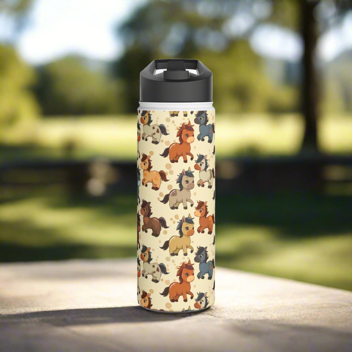 Insulated Water Bottle Thermos, 18oz, Cute Baby Horses - Double Walled Stainless Steel, Keeps Drinks Hot or Cold