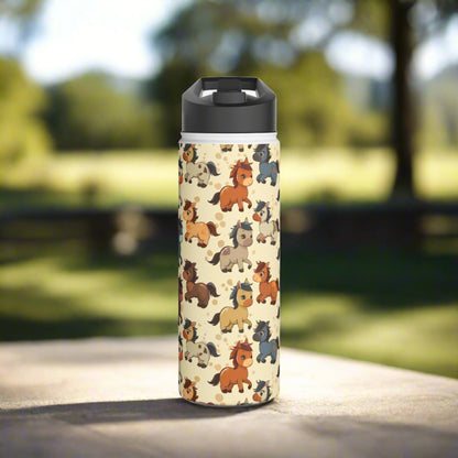 Insulated Water Bottle Thermos, 18oz, Cute Baby Horses - Double Walled Stainless Steel, Keeps Drinks Hot or Cold