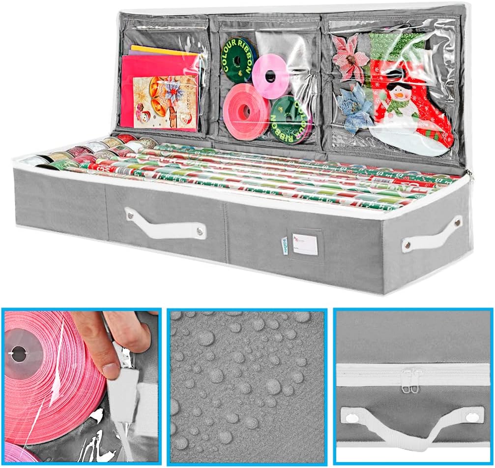Primode Wrapping Paper Storage Container - Gift Wrap Organizer for Under Bed | Holds 18-24 Rolls Up to 40” | Durable 600D Oxford Material | Pockets for Ribbon Bows (Grey)