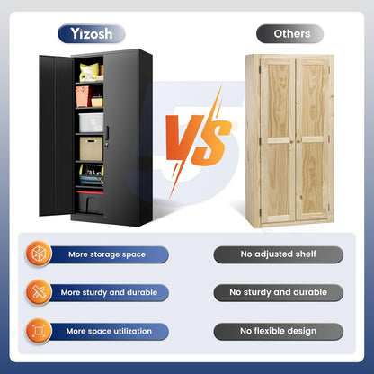 Yizosh Metal Storage Cabinet - 72" Lockable Garage Storage with 2 Doors & 5 Adjustable Shelves, Black Steel