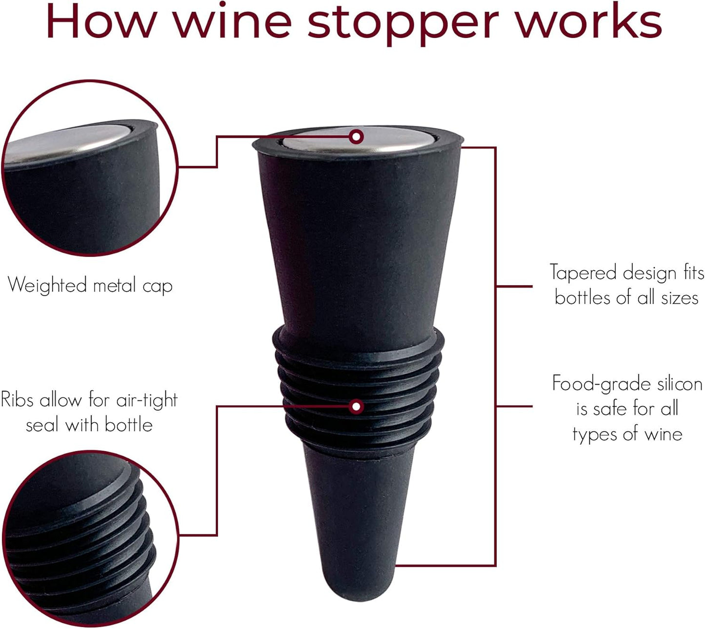 Red Wine Aerator Pourer and Wine Stopper (2-pack) by TenTen Labs - Premium Wine Decanter Set with Bottle Stopper and Re-corker - Gift Box Included (Black)