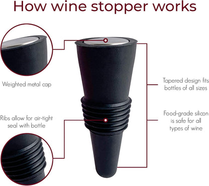 Red Wine Aerator Pourer and Wine Stopper (2-pack) by TenTen Labs - Premium Wine Decanter Set with Bottle Stopper and Re-corker - Gift Box Included (Black)