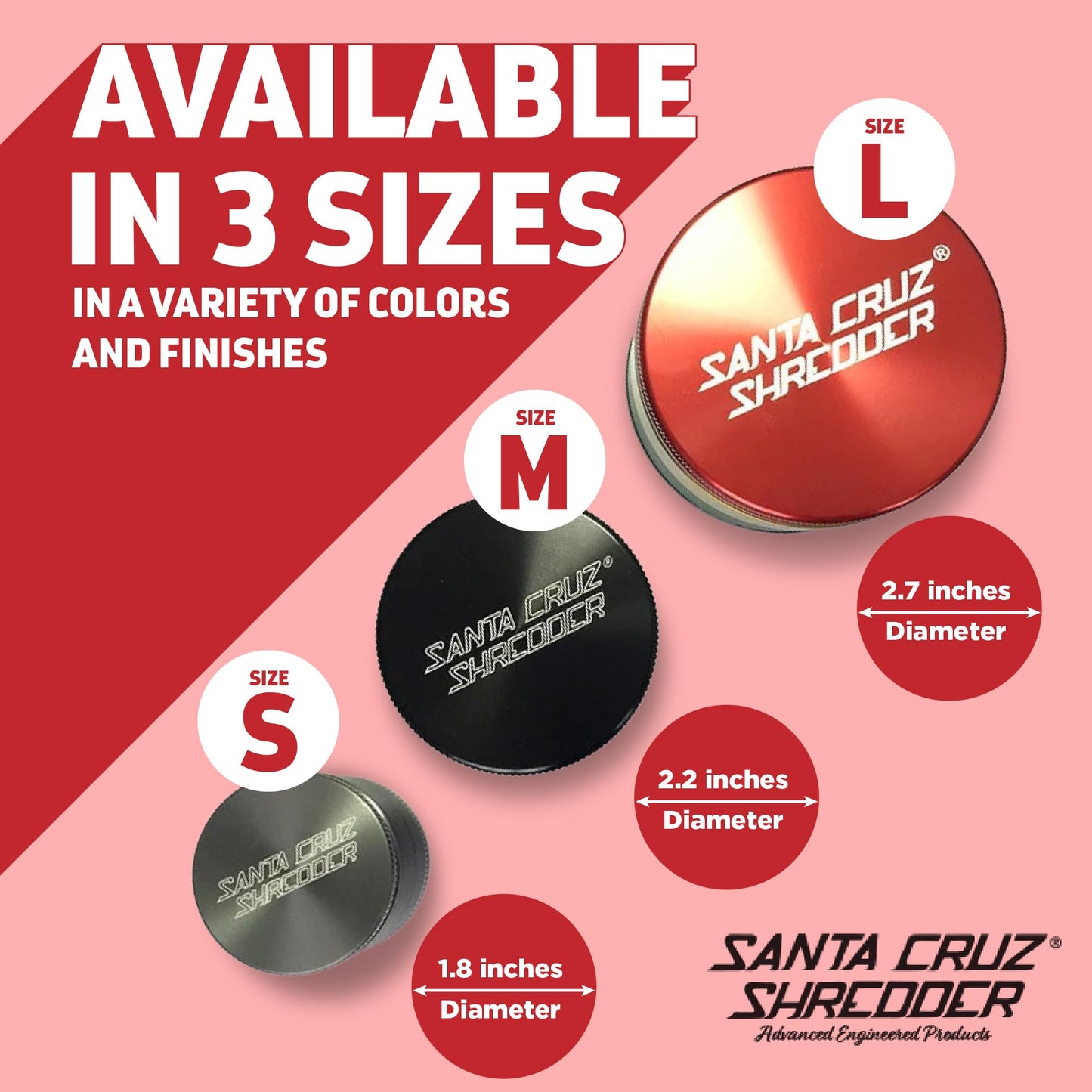 Santa Cruz Shredder Metal Herb Grinder Knurled Top for Stronger Grip 3-Piece Medium 2.2" (Red)