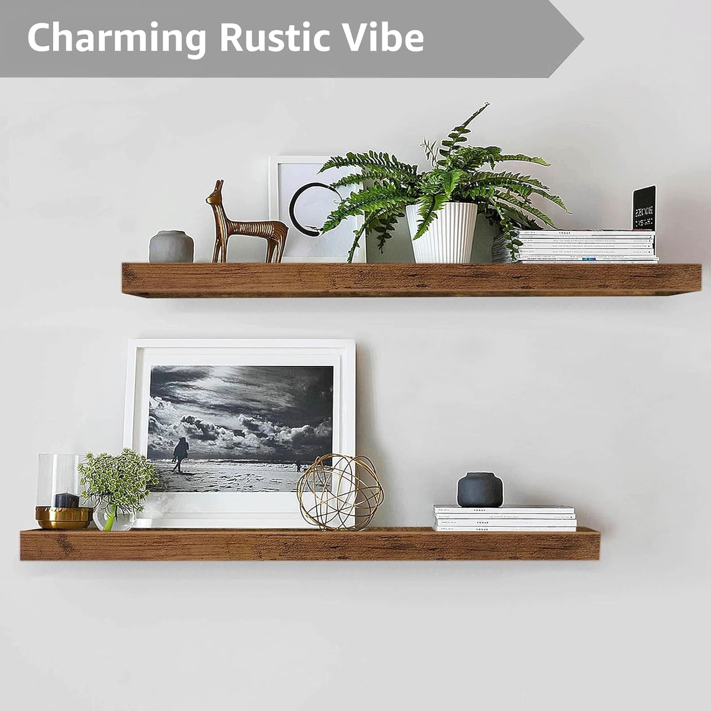 QEEIG Floating Shelves - Rustic Brown Wall Mounted Shelf Set of 2 | 39.4" Long for Home Decor & Display