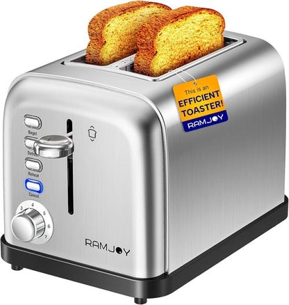 Brushed Stainless Steel 2-Slice Toaster - Extra Wide Slots for Bagels & Waffles | 7 Shade Settings