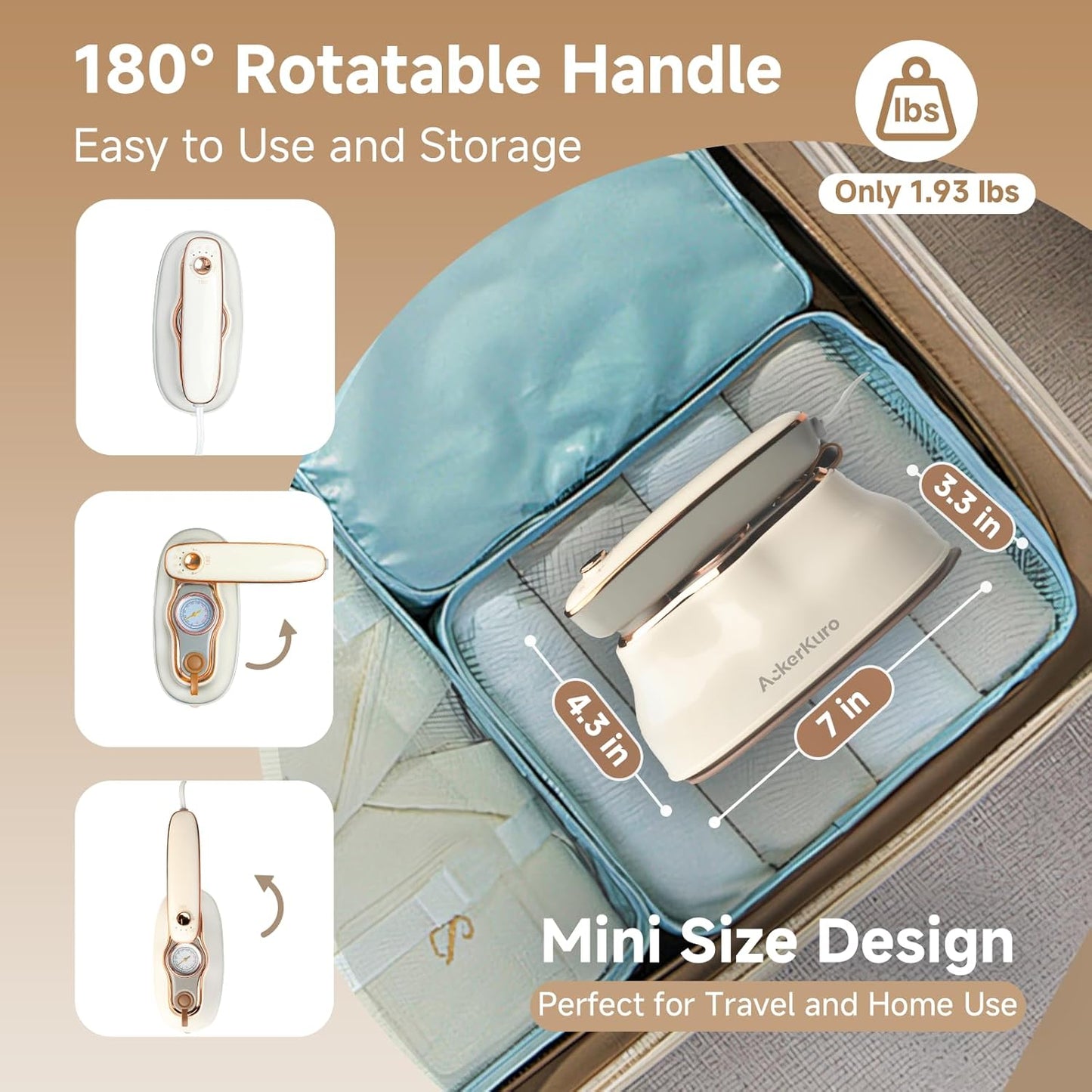 Skiennix Portable Handheld Clothes Steamer - 1200W Quick Heat-Up, 200ml Tank, 3 Modes, Beige