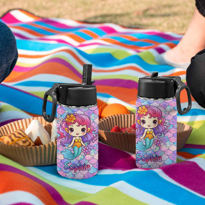 Personalized Kids Water Bottle with Straw Custom Mermaid Rainbow Fish Scales Water Cup with Kids Name Customized Mermaid Water Bottle Gift for Girls Daughter Granddaughter Children School Birthday12oz