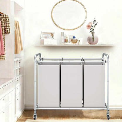 Storage Maniac 3-Section Laundry Sorter - 35.6 Gal Hamper Cart with Lockable Wheels & Removable Bags | Gray
