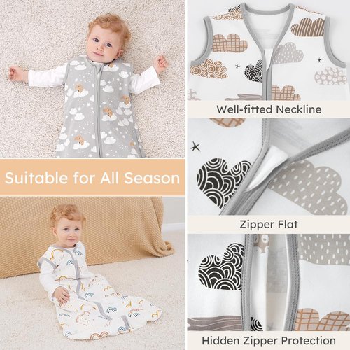 Yoofoss Baby Sleep Sack 12-18 Months Wearable Blanket for Babies 100% Organic Cotton 2-Way Zipper TOG 0.5 Toddler Sleeping Sack 3 Pack, Comfy Lightweight Sleep Sacks