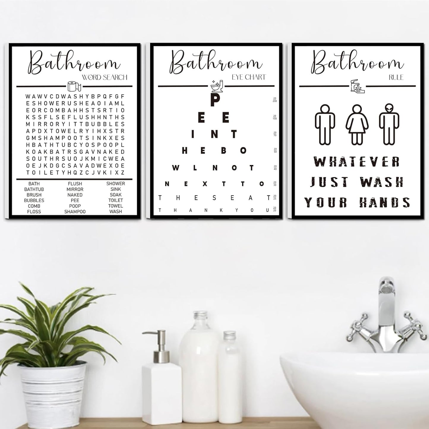 Skiennix Framed Bathroom Wall Art | Black and White Word Search Pee Eye Chart - Wash Your Hands (12x16 in, Set of 3)