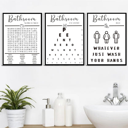 Skiennix Framed Bathroom Wall Art | Black and White Word Search Pee Eye Chart - Wash Your Hands (12x16 in, Set of 3)