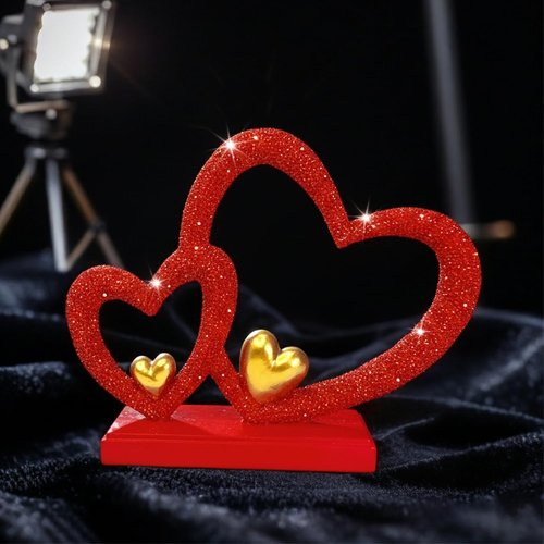 Double Heart Sculpture - Romantic Room Decor with Gold Accents | 7.9" Faux Beaded Statue for Anniversary & Wedding Gifts