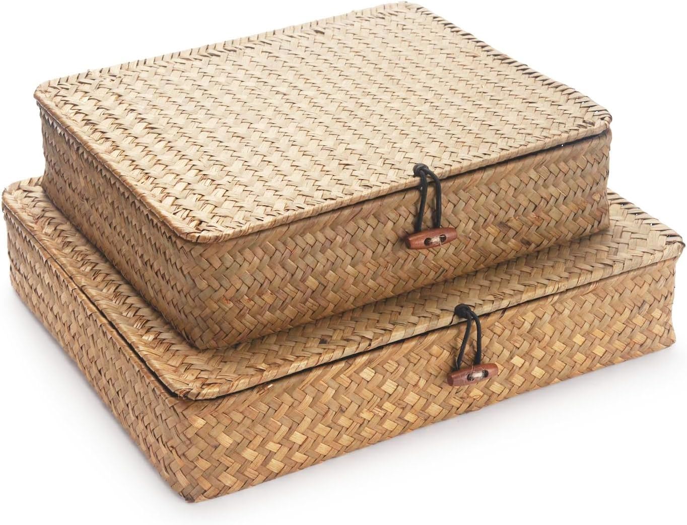 Seagrass Storage Baskets - Decorative Wicker Baskets with Lid for Organized Shelving | Shallow Design