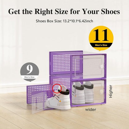 Kuject X-Large Shoe Storage Boxes - Clear Plastic Stackable 12 Pack for Sneakers & Toys | Purple