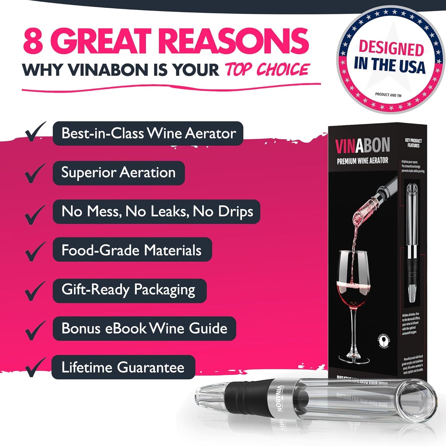 VINABON Wine Aerator - Improved 2026 Wine Aerating Pourer and Wine Air Aerator Decanter Spout for Enhanced Wine Flavor and Bouquet, Includes WineGuide Ebook