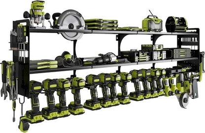 64" Power Tool Organizer - 16 Slots, 3-Tier Wall Mount Storage for Drills & Tools | Black
