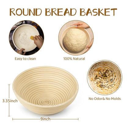 Banneton Bread Proofing Basket set, for Sourdough Bread Baking, Brotform Dough Rising Bowl, 9inch Round Rattan Basket with Baking Tools Kit, Cloth Liner, Scoring Lame, Scraper, Brush, Gifts for Bakers