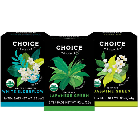 Choice Organics - Organic Green Tea and Herbal Tea Variety Pack Sampler (3 Pack) - Includes Japanese Green, Jasmine Green, White Elderflower - Compostable - 48 Organic Tea Bags