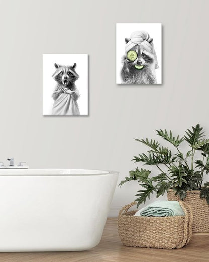 HesenDot Raccoon Wall Art - Funny Black and White Bathroom Canvas Print | 12x16in Cute Decor