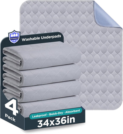 Regine Switzerland Washable Bed Pads - Waterproof Incontinence Underpads | 34" x 36", 4 Pack, Grey