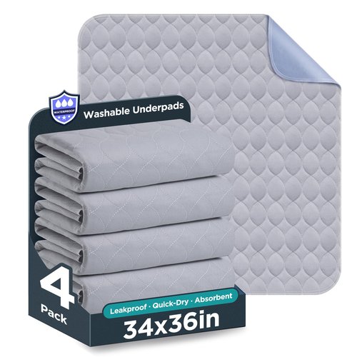 Washable Bed Pads 34" x 36" - 4 Pack, Grey, Waterproof Bed Pads for Incontinence, Bed Wetting Pads for Bed, Sofa, Floor, Resuable Underpads for Adults, Seniors, Pet