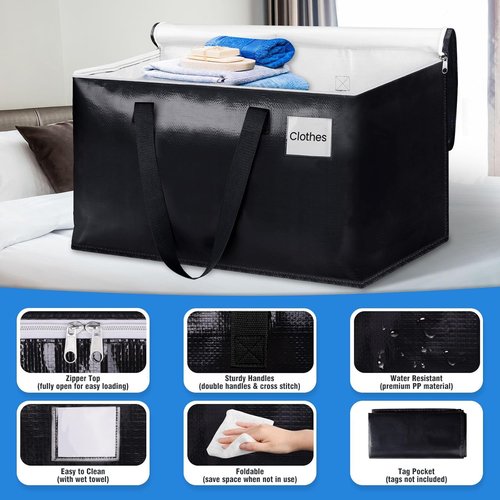 BlissTotes Collapsible Moving Bags - Heavy Duty Zippered Totes for Space-Saving Storage (93L, 6-Pack, Black)