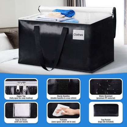 BlissTotes Collapsible Moving Bags - Heavy Duty Zippered Totes for Space-Saving Storage (93L, 6-Pack, Black)
