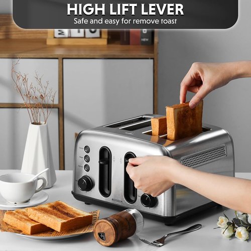 BUYDEEM DT440 4-Slice Stainless Steel Toaster - Extra Wide Slots for Bagels & Muffins, Retro Silver Finish