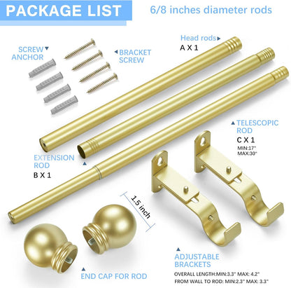 Skiennix Adjustable Curtain Rods - Max Length 60 Inches | Warm Gold Finish, 16 to 48 Inches