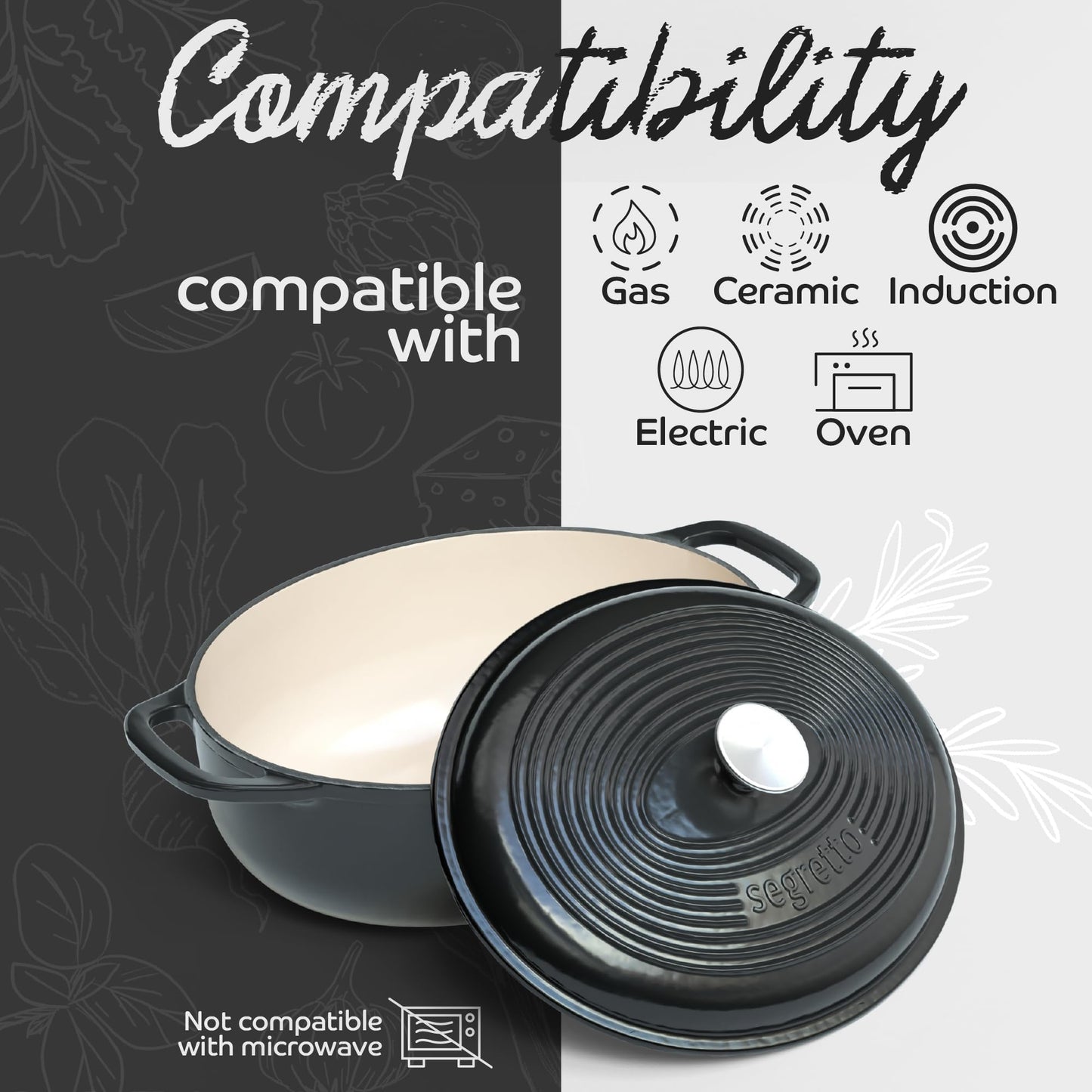 Segretto Cookware Enameled Oval Cast Iron Dutch Oven with Handle, 7 Quarts, Nero (Black), 7qt Dutch Oven Cast Iron Pot with Lid | Enamel Dutch Oven for Bread Baking, Ceramic Pots for Cooking, Soup