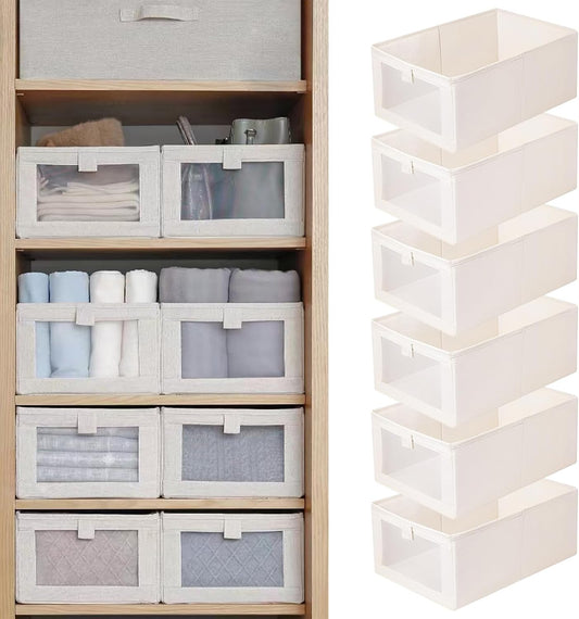 Skiennix Linen Closet Organizers - 6 Pack Foldable Storage Bins with Clear Window for Clothing & Jeans