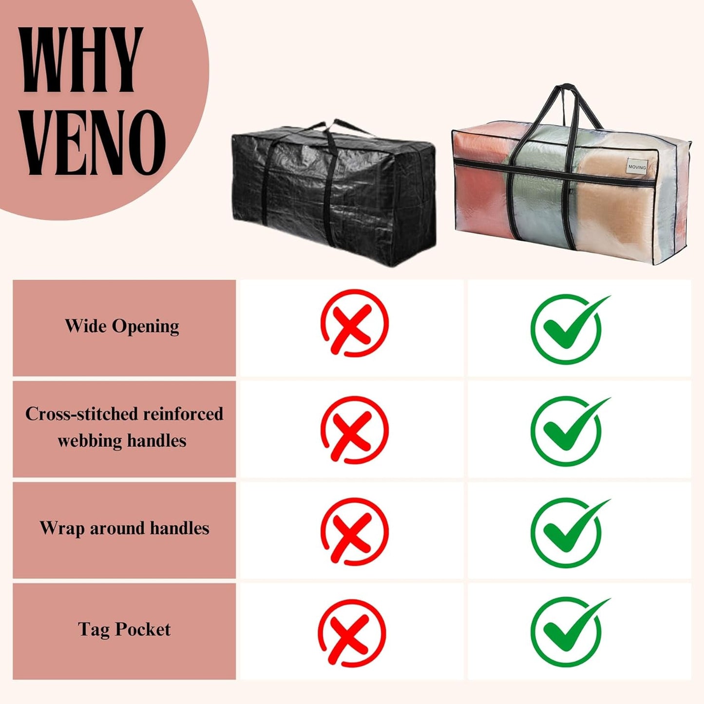 VENO Extra Large Moving Bags - Heavy Duty Storage Solution for College & Holiday Packing | Clear, 2 Pack