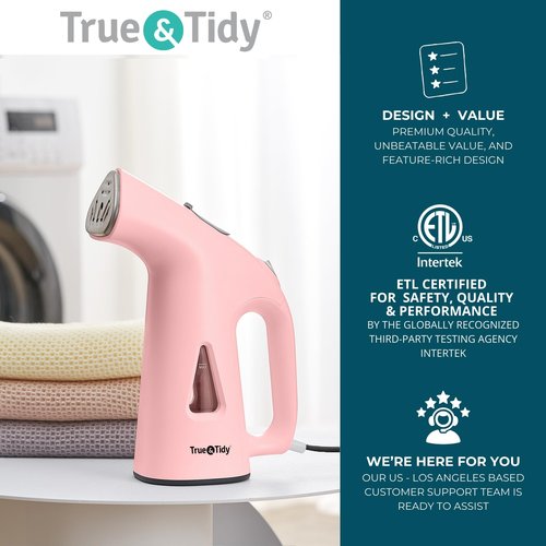 True & Tidy® Handheld Garment Steamer for Clothes with Water Cup Accessory, Portable Travel Steam Iron, Stainless Steel Plate up to 10 mins of Continuous Steam, 800 Watts, Pink