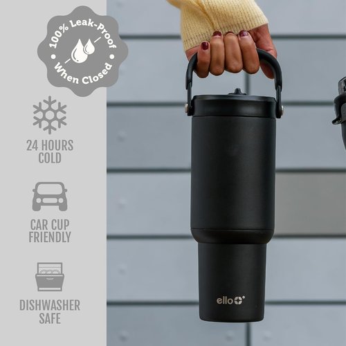 Ello Oasis Go+ 26oz Tumbler - Reusable Insulated Stainless Steel Cup | 100% Leakproof, Travel-Friendly, Black