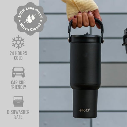 Ello Oasis Go+ 26oz Tumbler - Reusable Insulated Stainless Steel Cup | 100% Leakproof, Travel-Friendly, Black