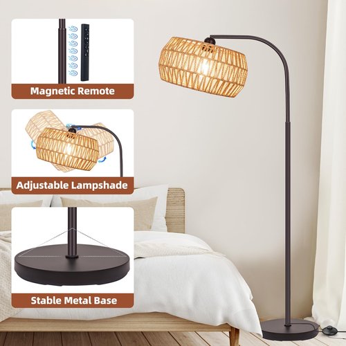 Brilvibera Rattan Standing Lamp with Remote and Dimmable Bulb, Bronze Arch Floor Lamp, Over Couch Lamp with Foot Switch, Brown Boho Lamp for Living Room, Bedroom, Office, Classroom