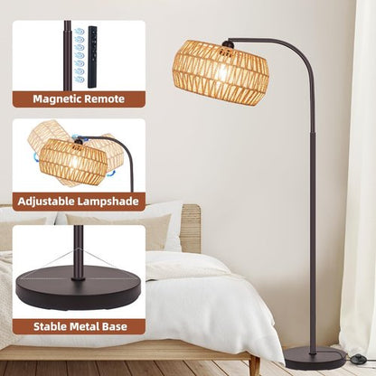 Brilvibera Rattan Standing Lamp with Remote and Dimmable Bulb, Bronze Arch Floor Lamp, Over Couch Lamp with Foot Switch, Brown Boho Lamp for Living Room, Bedroom, Office, Classroom