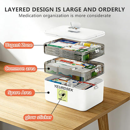 Skiennix 3-Tier Medicine Organizer - Portable Medical Cabinet with Handle & Snap Locks, Includes 6-Compartment Pill Storage