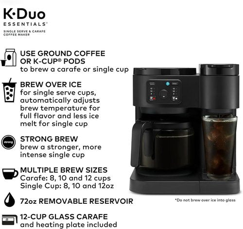 K-Duo Essentials Coffee Maker - Single Serve K-Cup & 12-Cup Carafe Brewer | 72 oz Reservoir, Pause & Pour Feature