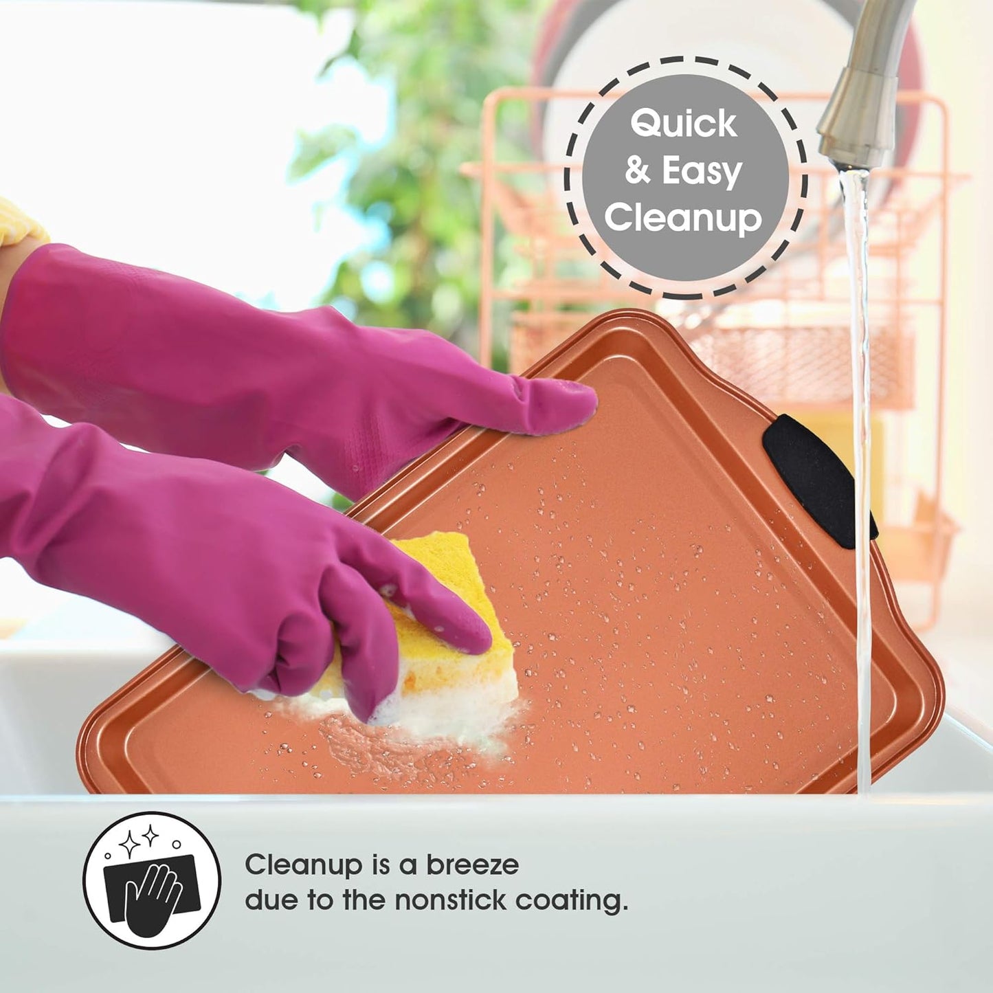 Perlli Nonstick Baking Sheet Set - 4-Piece Copper Carbon Steel Bakeware with Silicone Grips | Includes 2 Cookie Sheets & Baking Pan with Lid