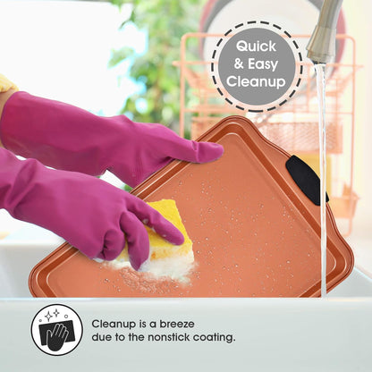Perlli Nonstick Baking Sheet Set - 4-Piece Copper Carbon Steel Bakeware with Silicone Grips | Includes 2 Cookie Sheets & Baking Pan with Lid