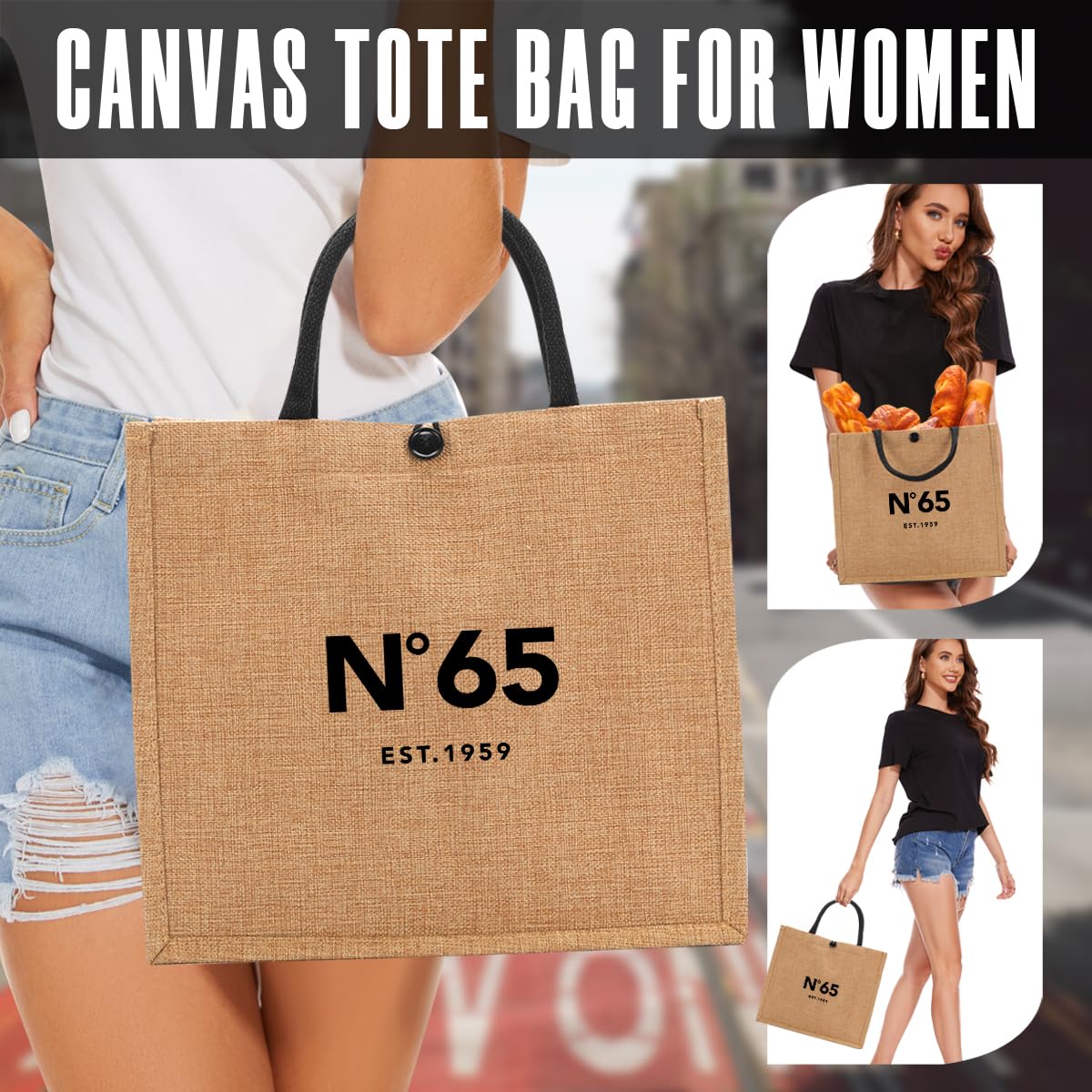 NGLIV 65th Birthday Gifts for Women - 65th Birthday Decorations for Her - 65 Year Old Birthday Gifts for Female Mom Wife Friend Sister Aunt - Beach Bag Reusable Shopping Bags Cute Jute Straw ToteBag