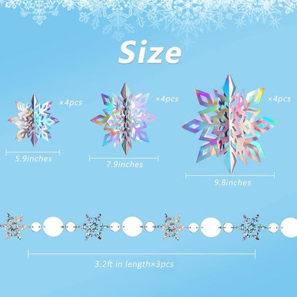 JULMELON 15Pcs Holographic Snowflakes Garland - Stunning Winter Wonderland Decorations