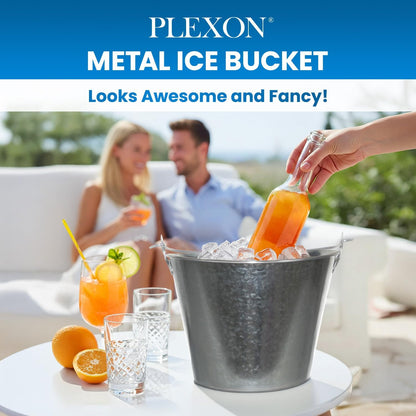PLEXON Metal Ice Bucket for Parties Coctail Bar Restaurant - Drink Beer Champagne Metal Pail Bucket with Handle, Beverage Chiller, Galvanized Steel, 1.3 Gallon, Set of 3