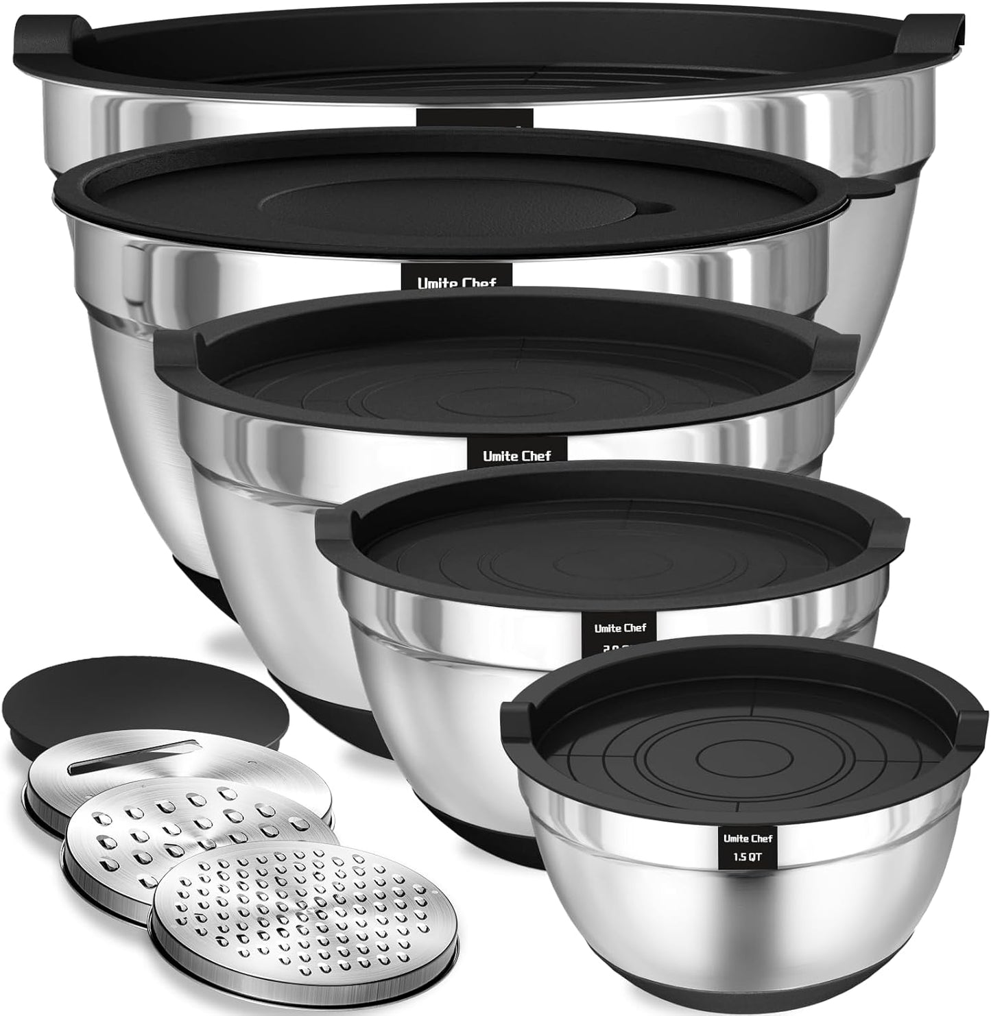 Umite Chef Mixing Bowls - 8PCS Stainless Steel Set with Airtight Lids & Grater Attachments | Non-Slip Bottoms, Black, 1.5QT to 5QT