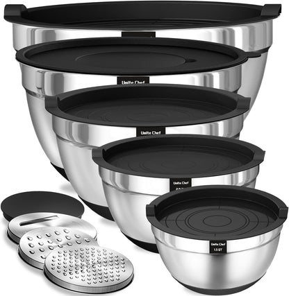 Umite Chef Mixing Bowls - 8PCS Stainless Steel Set with Airtight Lids & Grater Attachments | Non-Slip Bottoms, Black, 1.5QT to 5QT