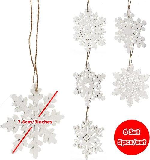 GSD Wooden Snowflake Ornaments - Rustic 30pcs Hanging Decor for Christmas Trees | 3-Inch White