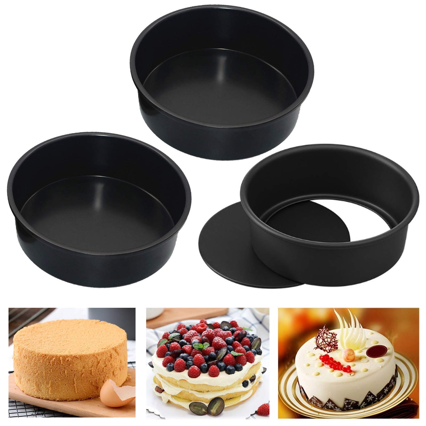 HMIN 6 Inch Round Cake Pan, Removable Bottom Cheesecake Pans, Carbon Steel Non-Stick 6 In Cake Pan Set of 3 (6 Inch-Black 3Pcs)